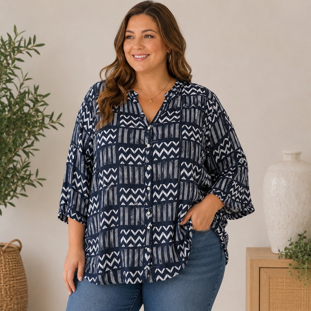 Lucky Brand John Robshaw Navy Blue White Geometric Cotton Blouse 2X Button Front